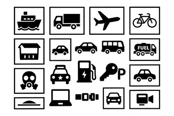 Assorted black pictogram icons in square frames for general signage use, Transparent Background