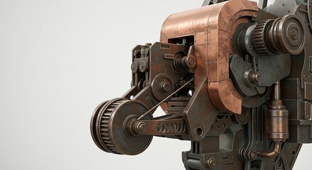 Fototapeta premium Detailed rustic metal machinery with gears levers and pulleys on white