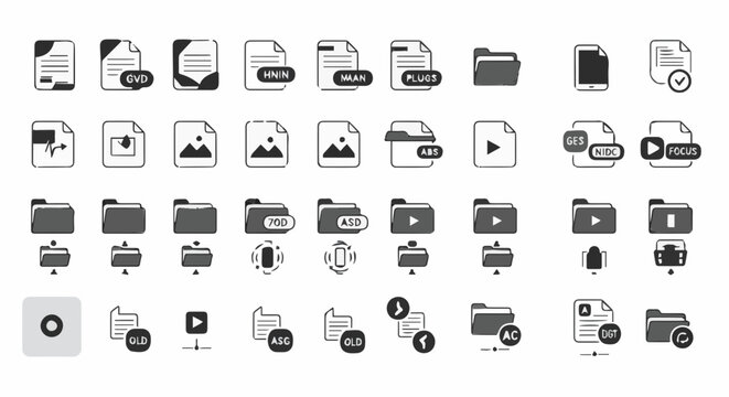 Collection of document and file type icons in minimalist black and white style