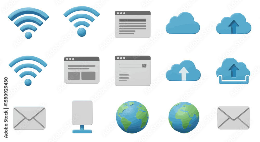 Poster collection of vector icons representing internet connectivity and digital communication