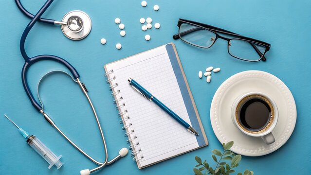 Medical professional s desk with stethoscope notebook pen pills glasses and coffee cup overhead view