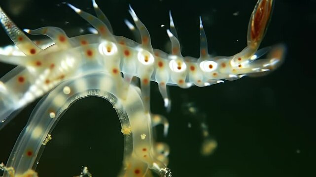 Unique Translucent Marine Invertebrate with Spotted Cerata and Multiple Eye-like Structures Underwater