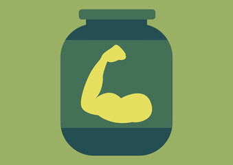 Color illustration of a jar of muscle building supplements. Conceptual illustration.