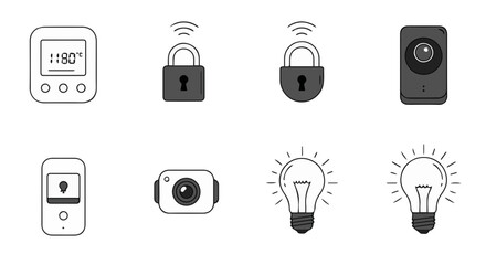 Smart home devices with temperature monitor security locks cameras and lighting concepts