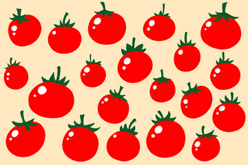 Flat tomato vector set with 20 red tomatoes displayed on a peach background. Clean and modern look, ideal for food, salad, vegan, and organic product illustrations.

