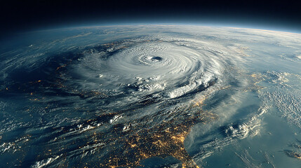 large hurricane viewed from space, with a well-defined eye at the center. The storm is located over a densely populated area with visible city lights. The surrounding ocean and landmasses