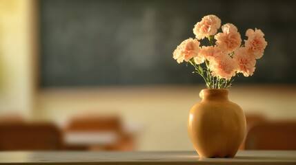 A delicate apple-shaped porcelain vase with fresh carnations, bathed in warm golden light, symbolizing gratitude on Teacher's Day.