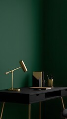 Modern Minimalist Home Office Desk: Gold Brass Lamp, Dark Green Walls, Black Desk