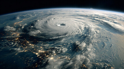 large hurricane viewed from space, with a well-defined eye at the center. The storm is located over a densely populated area with visible city lights. The surrounding ocean and landmasses