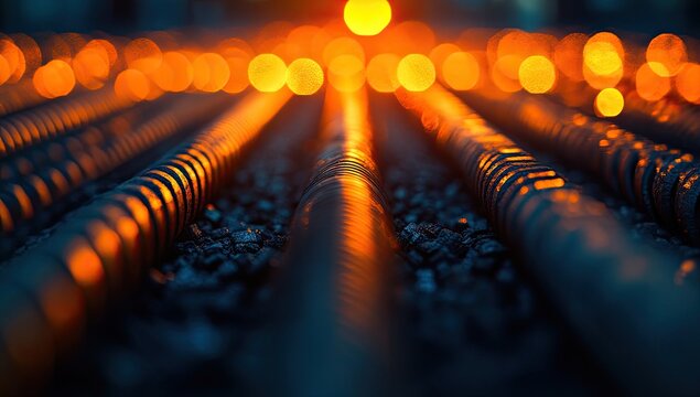 Metal rods, glowing orange lights, industrial setting