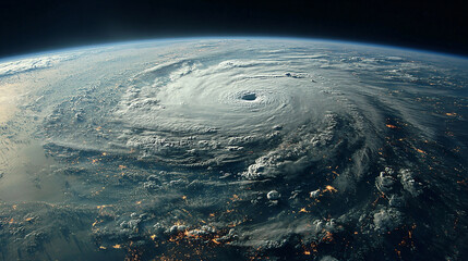 large hurricane viewed from space, with a well-defined eye at the center. The storm is located over a densely populated area with visible city lights. The surrounding ocean and landmasses