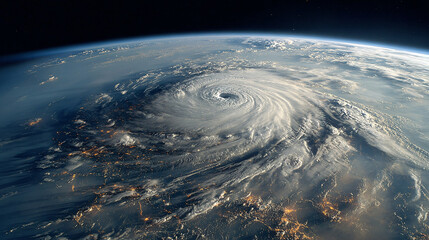 large hurricane viewed from space, with a well-defined eye at the center. The storm is located over a densely populated area with visible city lights. The surrounding ocean and landmasses