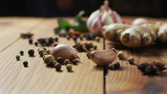 Spices scattered artistically on a rustic kitchen table with garlic, ginger, and fresh herbs around, cinematic lighting ad video template