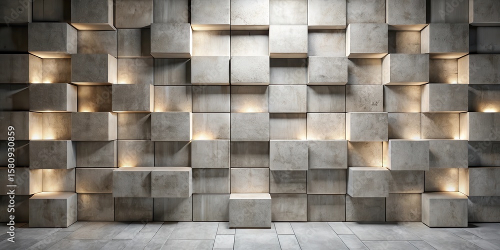 Poster illuminated cubic concrete wall structure with subtle textural variations and integrated recessed li