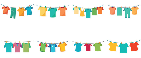 Colorful Laundry Day Featuring Clotheslines Hanging Garments vector illustrations