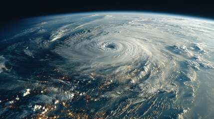 large hurricane viewed from space, with a well-defined eye at the center. The storm is located over a densely populated area with visible city lights. The surrounding ocean and landmasses