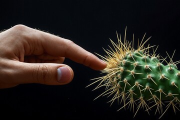 A human finger cautiously touches the sharp spines of a green cactus against a dark background, highlighting tension, curiosity, and danger in a minimal and bold composition.