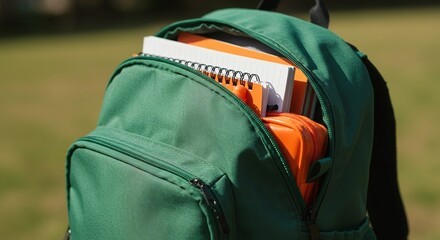 Close-up of a green backpack with notebooks and a pencil case, symbolizing education, preparation, and a return to learning.