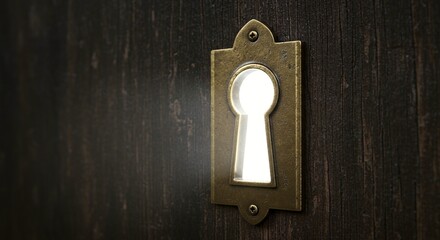 A door with a keyhole and a glowing light coming through it, a symbol of secrets, mysteries and a passage to another world.