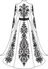Elegant white gown with intricate black floral embroidery and a decorative belt