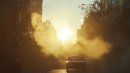 Golden hour city street, hazy sunlight