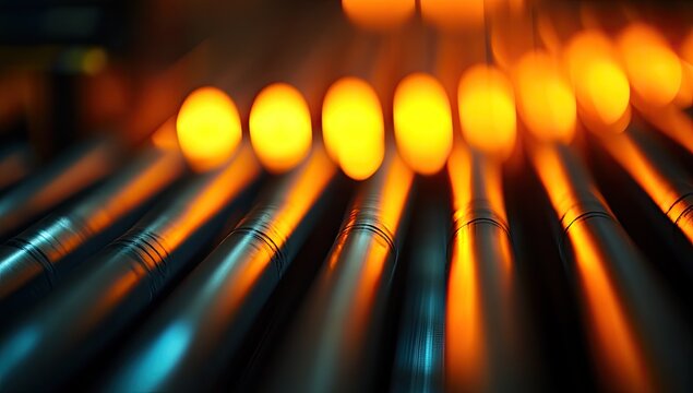 Hot metal rods on a conveyor belt.  Bright orange glowing metal billets move along a line of cooler, dark metal rods