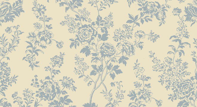 Elegant floral wallpaper with repeating pattern in shades of light blue and beige