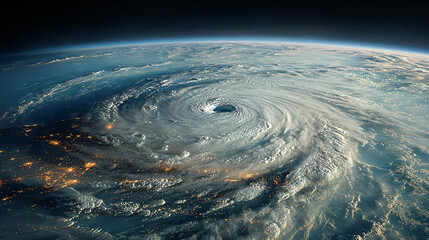 large hurricane viewed from space, with a well-defined eye at the center. The storm is located over a densely populated area with visible city lights. The surrounding ocean and landmasses