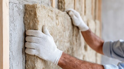 Fototapeta premium Worker in white gloves installing natural wool insulation inside wall cavity, eco friendly building materials