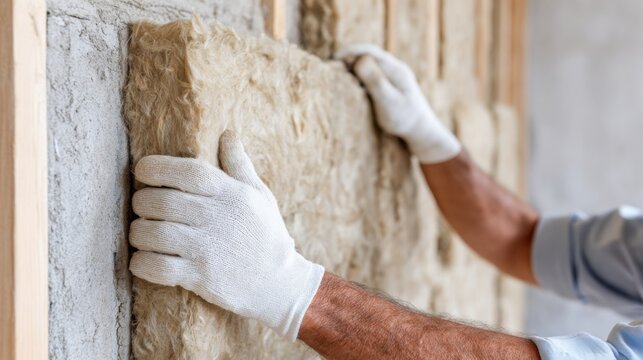 Worker in white gloves installing natural wool insulation inside wall cavity, eco friendly building materials
