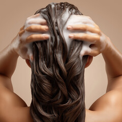 Naklejka premium Junge Frau wäscht sich die langen braunen Haare mit Shampoo