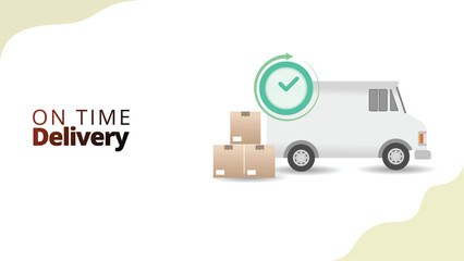 on time delivery concept. delivery truck with packaging parcel and green clock. supply chain managemnt isometric 3d style vector illustration