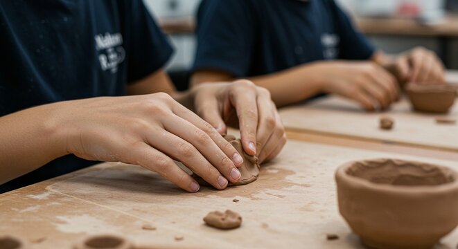 Students creatively mold clay into unique pottery pieces, showcasing their artistic talents and focus on craftsmanship during class. - Powered by Adobe