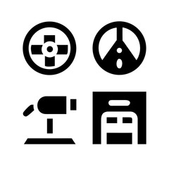 Road trip icons steering wheel, fuel pump, road sign, and dashboard.