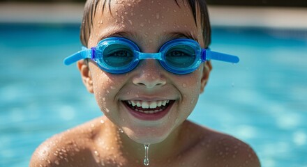 Naklejka premium A young boy with blue goggles emerges from a swimming pool, his face covered in water droplets, beaming with a happy smile.