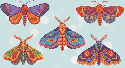 Colorful Hand-Drawn Moths Illustration with Artistic Designs on a Light Blue Background