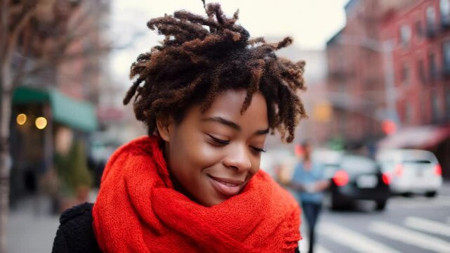 Woman with curly hair and a red scarf in a city street.