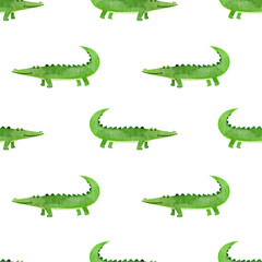 Cute crocodile seamless pattern illustration for children. Watercolor drawing background. Perfect for nursery posters, fabric, wallpapers.