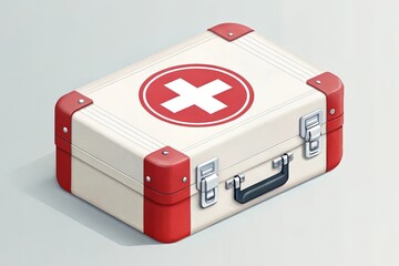 Classic first aid kit with red cross symbol and red accents on a light background