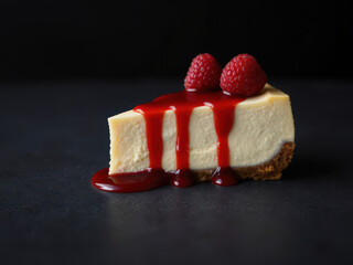 Slice of Cheesecake with Raspberry Sauce and Berries, Decadent, Sweet, Dark Background