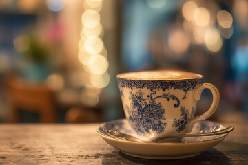Fototapeta premium Hot coffee in a traditional porcelain cup with a small spoon on the saucer