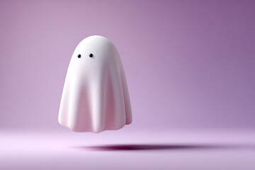 Cute floating ghost figure with a simple design and soft color on a pastel background