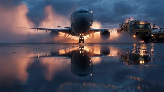 A dramatic airport tableau featuring a jetliner receiving fuel with dynamic reflections on puddled asphalt under the soft glow of twilight revealing the interplay between manmade machinery