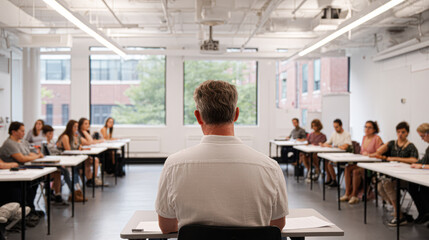 A man leads a classroom discussion with adults seated around a U-shaped table in a bright, modern room with large windows and exposed ceilings.