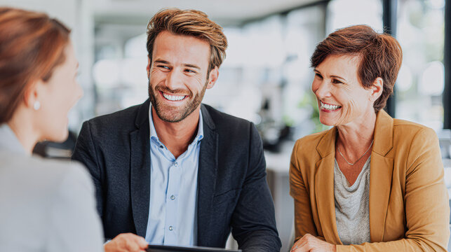 Three professionals engage in a friendly business meeting, smiling and discussing ideas in a bright, modern office environment.