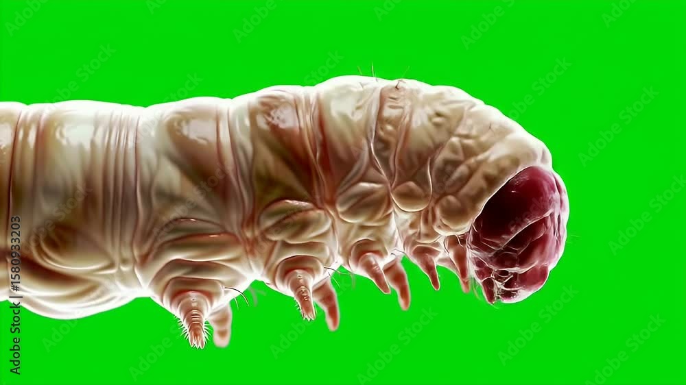 Poster detailed pale segmented worm creature isolated by green screen for vfx and animation with red head a