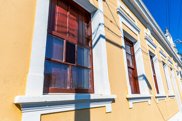 Detail of  facade of antique  house on historic center  of  Cambuy city, Minas Gerais state, Brazil