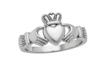 Elegant silver claddagh ring with heart crown and hands isolated on transparent background