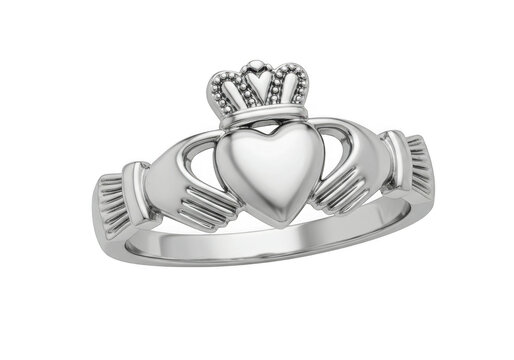 Elegant silver claddagh ring with heart crown and hands isolated on transparent background
