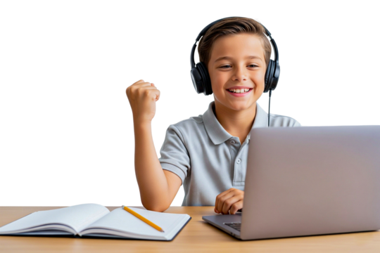 Smilling boy with headphone and laptop on white